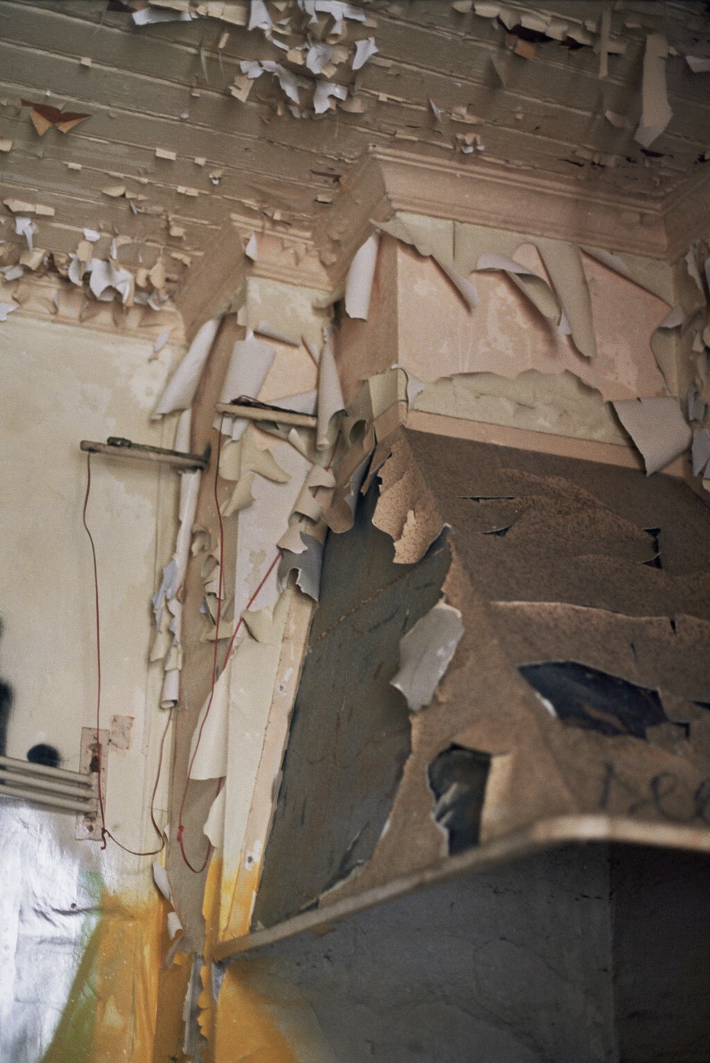 Peinture ancienne écaillée dans un bâtiment abandonné, sans confirmation de présence de plomb